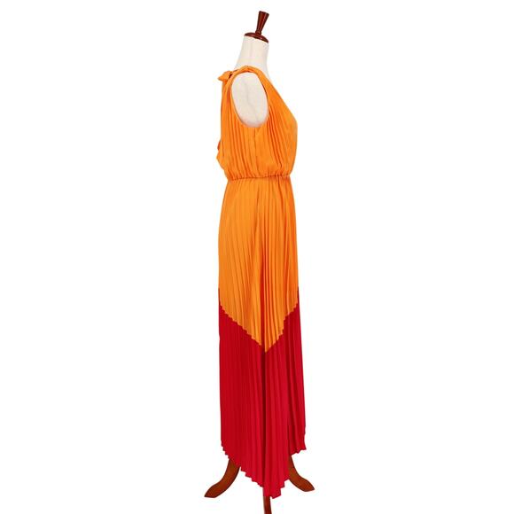 Express Women Orange Satin Color Block Summer Flare Pleated Maxi Dress Size S - Picture 4 of 6